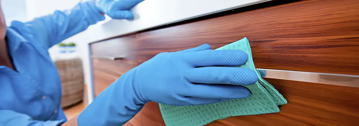 Cleaner wearing blue gloves wiping a wooden cabinet drawer with a microfiber cloth for dust and grime removal, Duluth, MN.